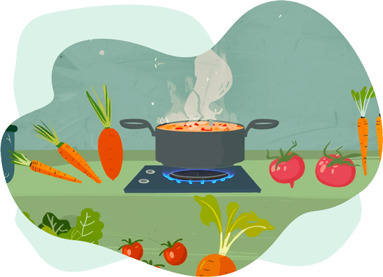illustration of a pot cooking on a hob. The pot is surrounded by carrots, turnips, and tomatoes.